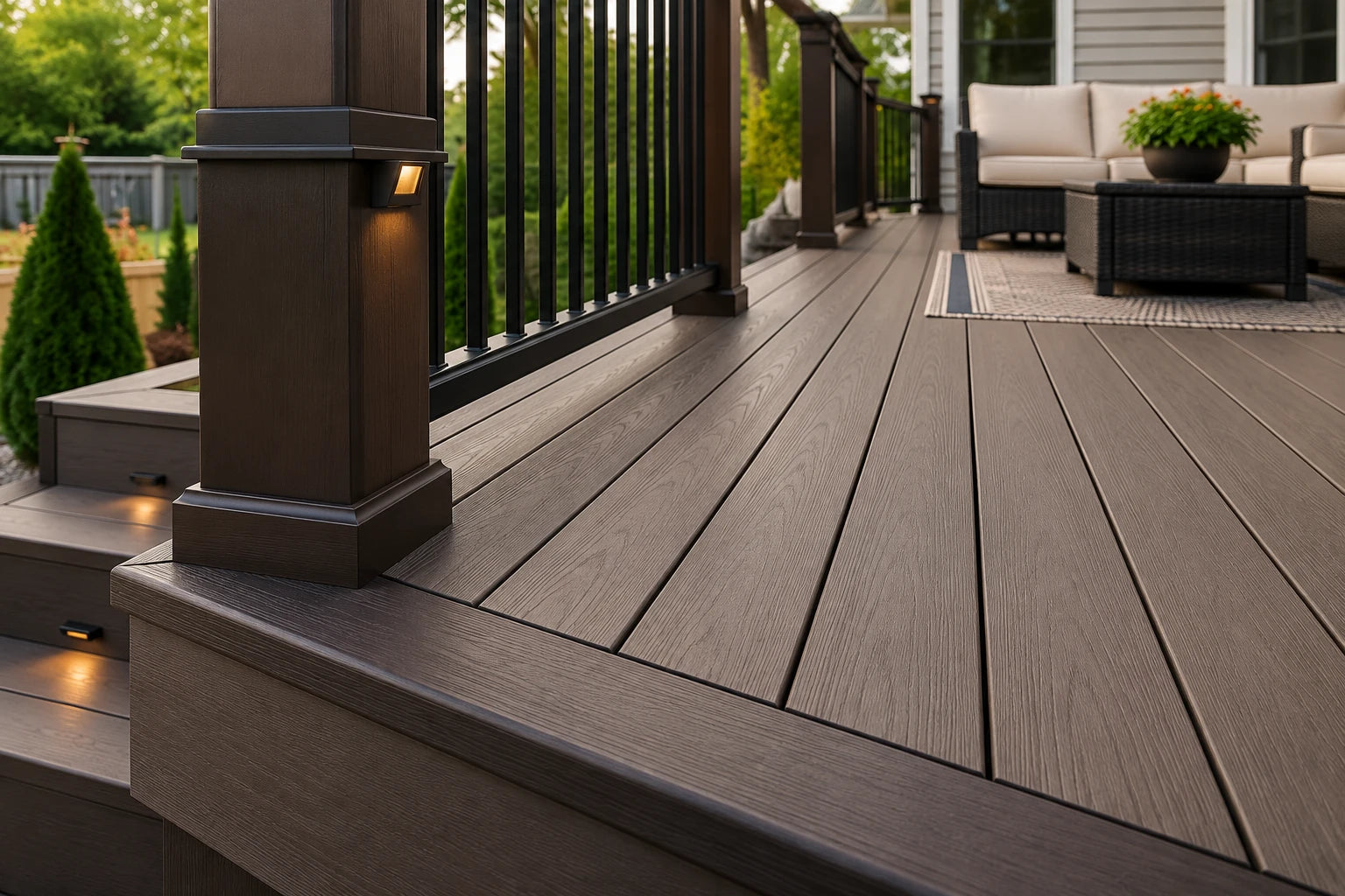 Close-up composite deck boards with hidden fasteners, railing posts, and clean trim details