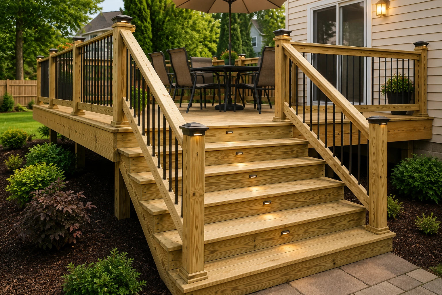 Finished pressure-treated wood deck with stairs, black balusters, handrails, and post lighting