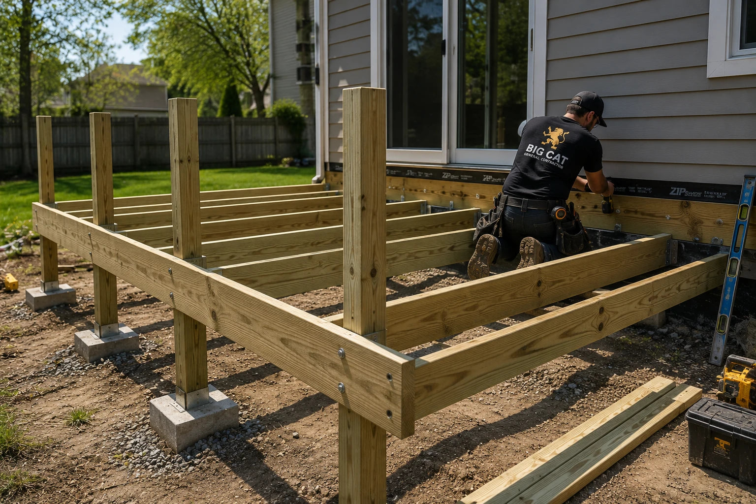 Deck framing under construction with posts, beams, joists, ledger board, and Big Cat contractor