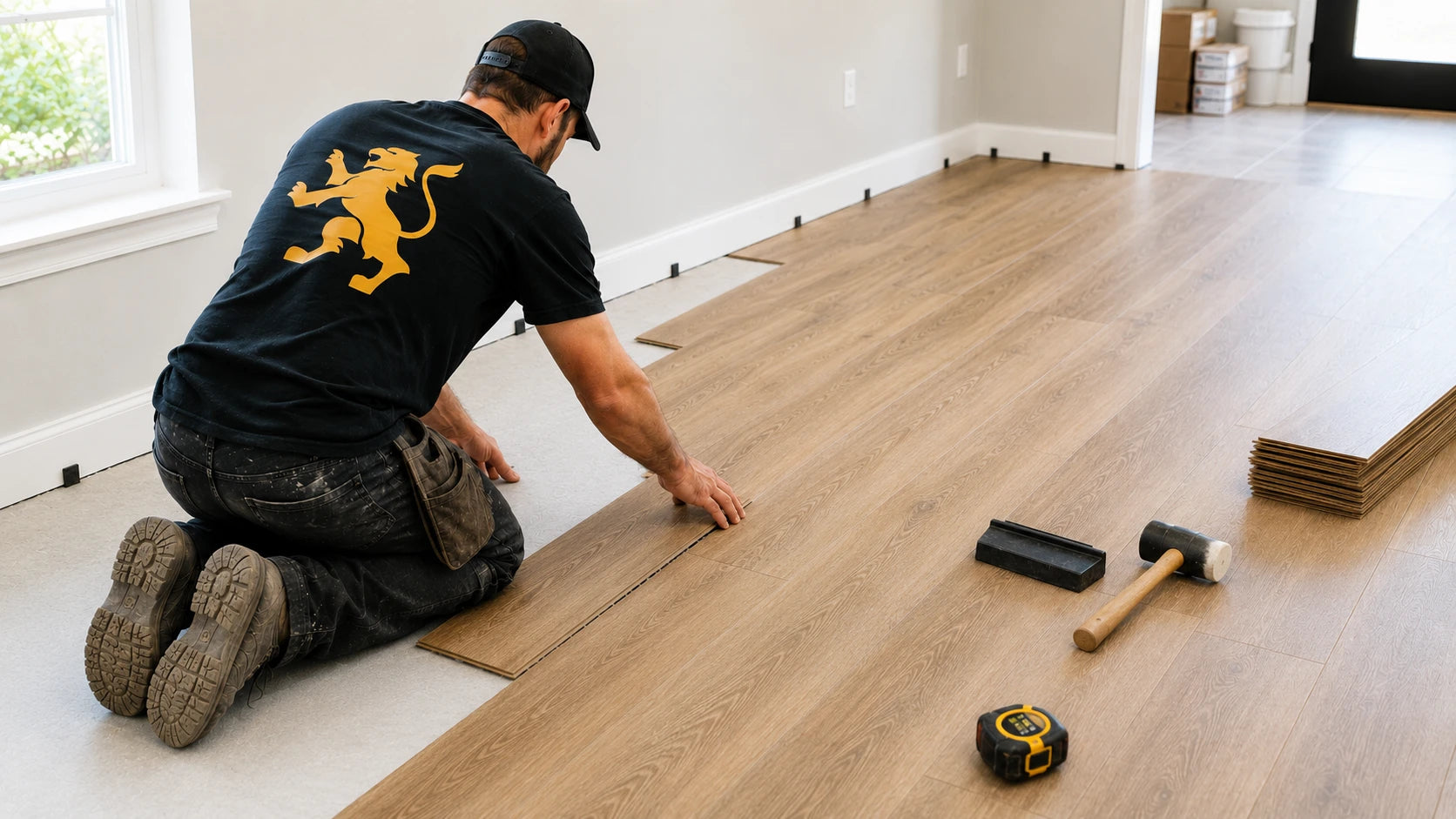 Big Cat contractor installing wood-look plank flooring in a bright room