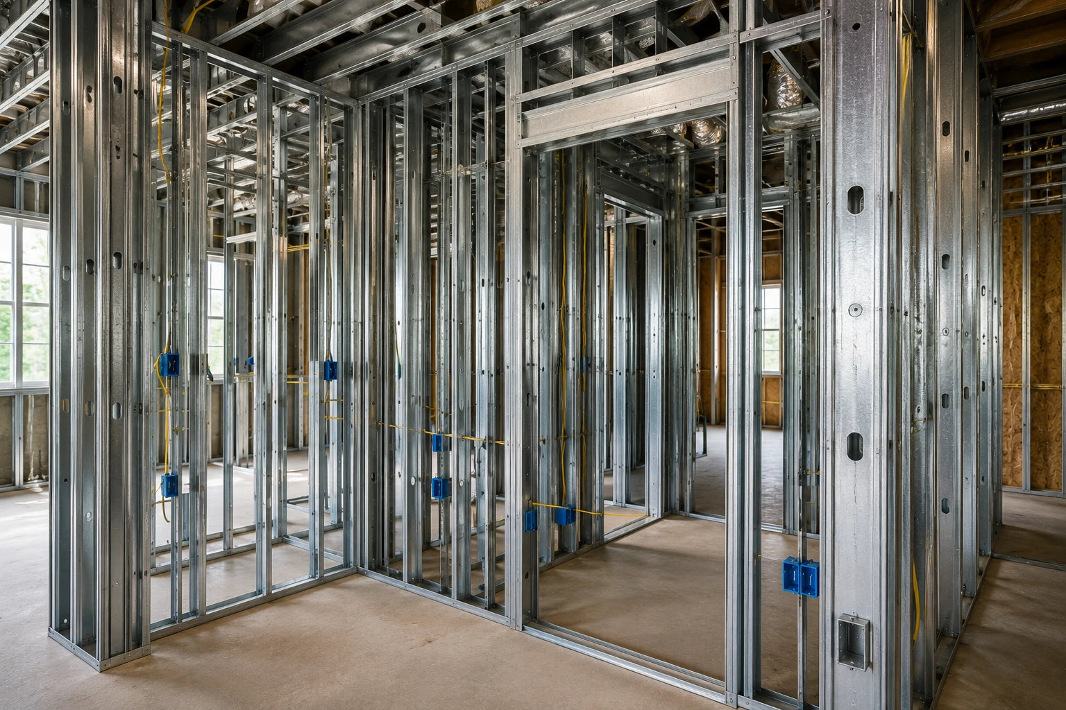 Light-gauge galvanized steel stud framing with straight partition walls and framed openings