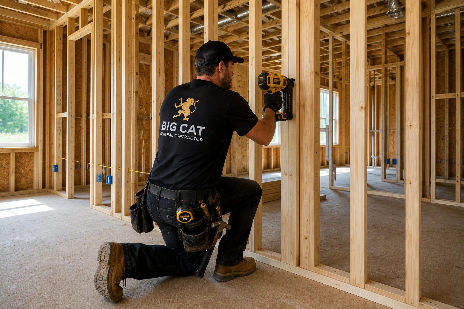 Big Cat contractor fastening a wood stud wall during active framing construction