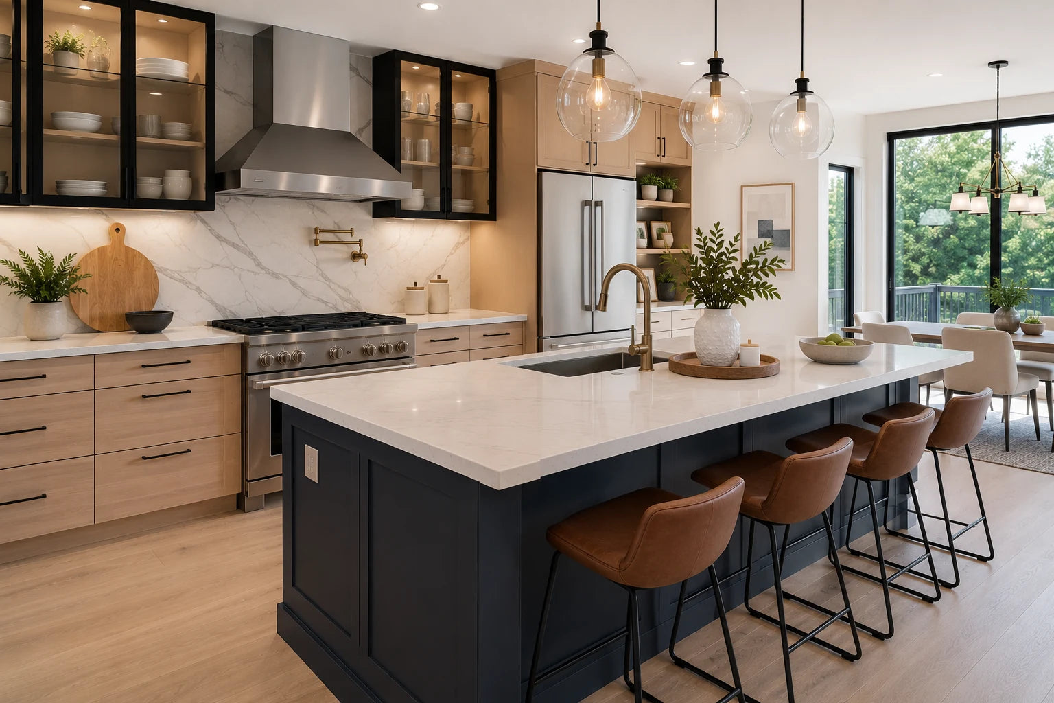 Modern kitchen with black island, light wood cabinetry, glass-front cabinets, and open dining area