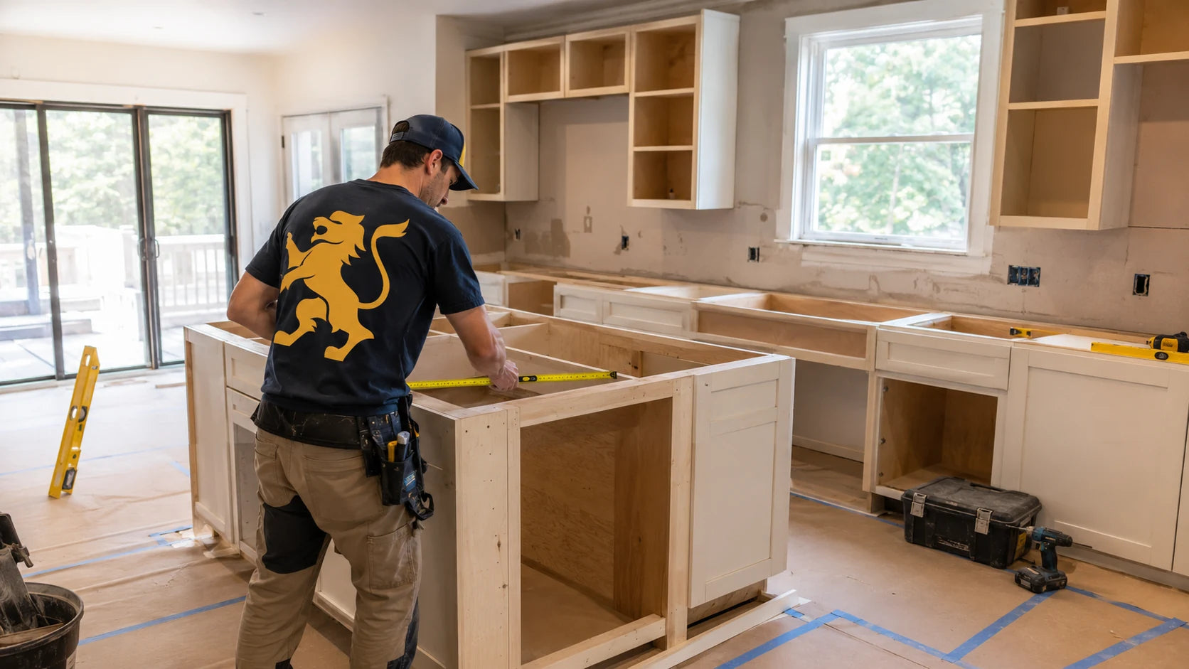 Big Cat contractor measuring a kitchen island during an active cabinet installation