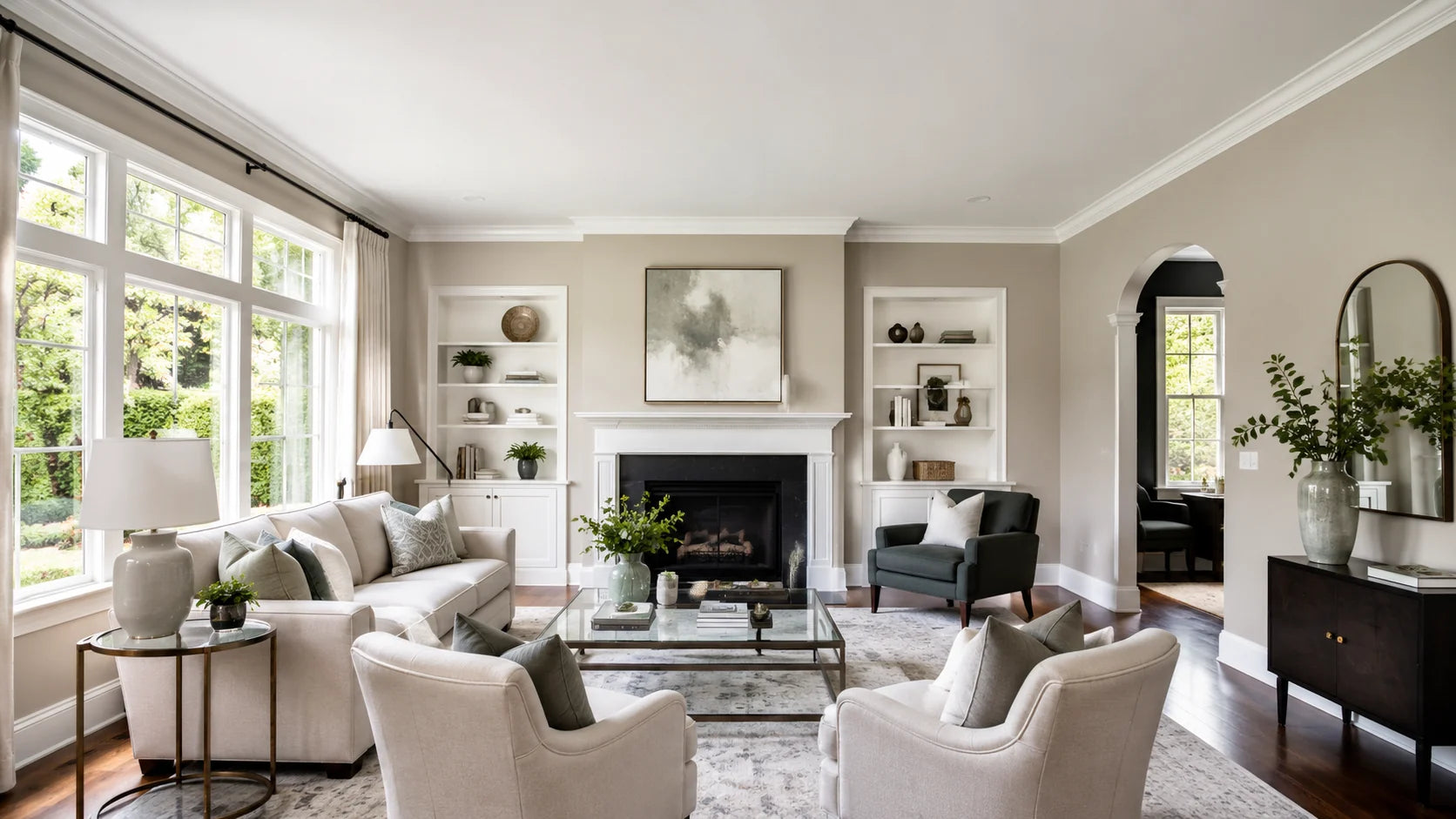Elegant finished residential living room with freshly painted walls ceiling and trim