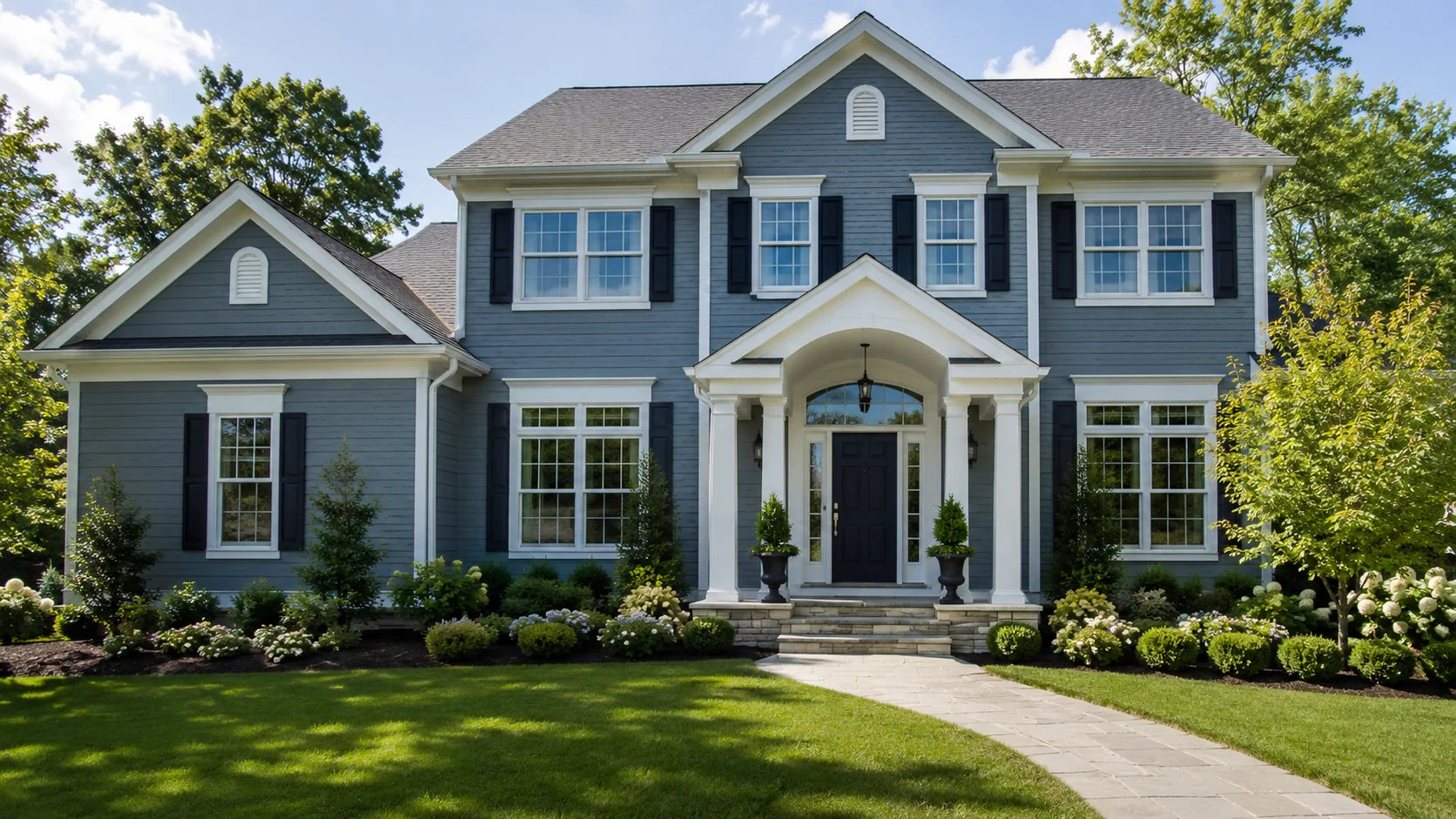 Freshly painted residential exterior with coordinated siding trim shutters and front door