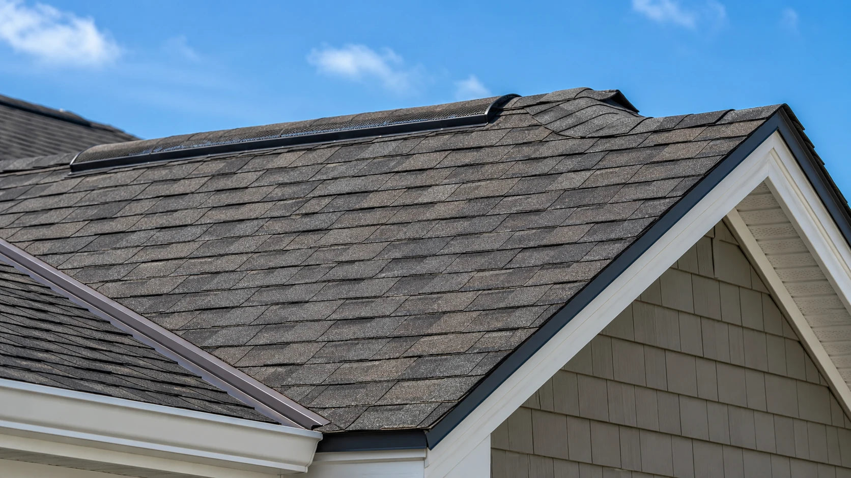 Architectural shingles, ridge vent, drip edge, and roof flashing detail