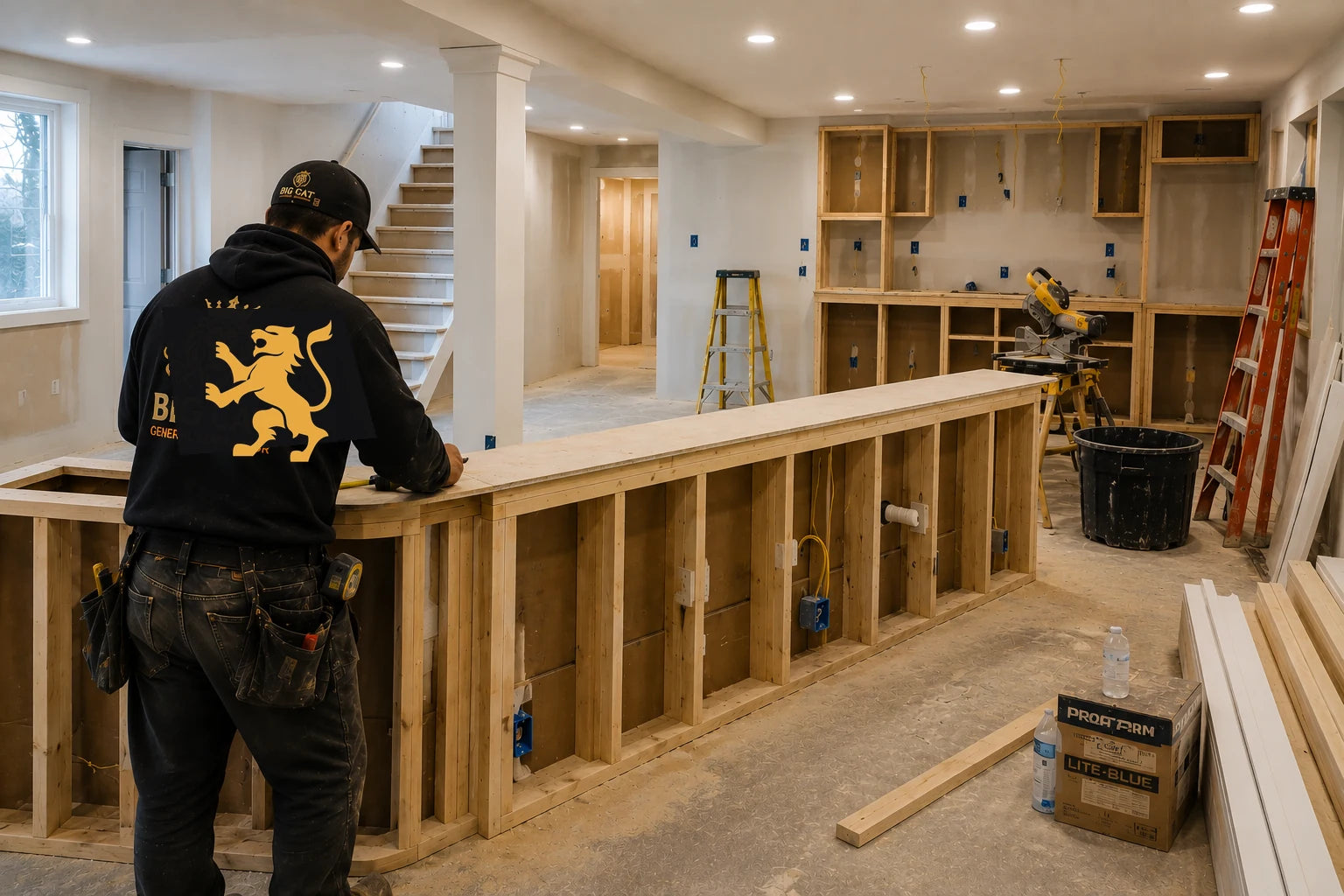 Big Cat contractor working during an active basement finishing project