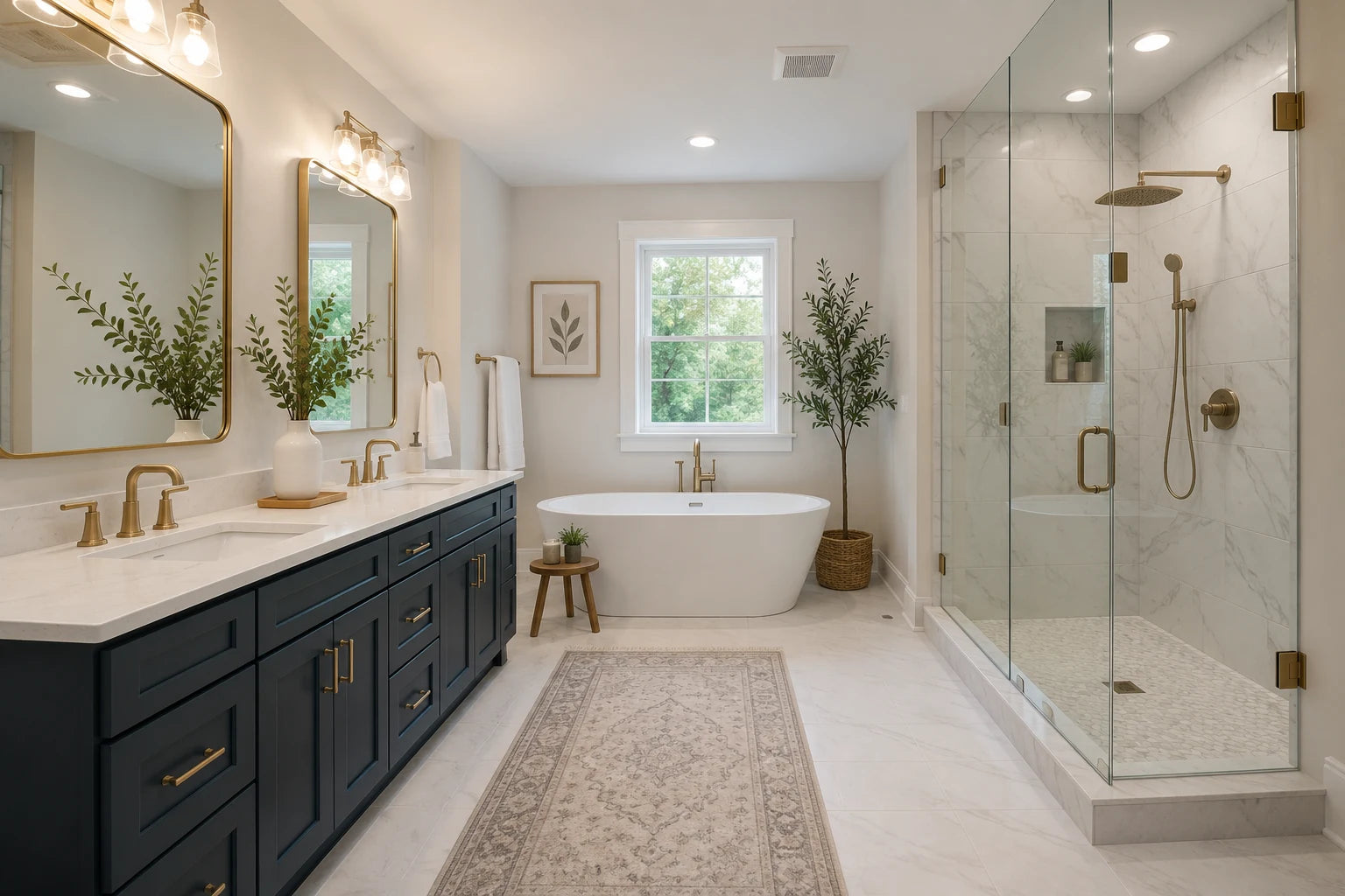 Finished luxury bathroom remodel with double vanity, freestanding tub, and glass shower