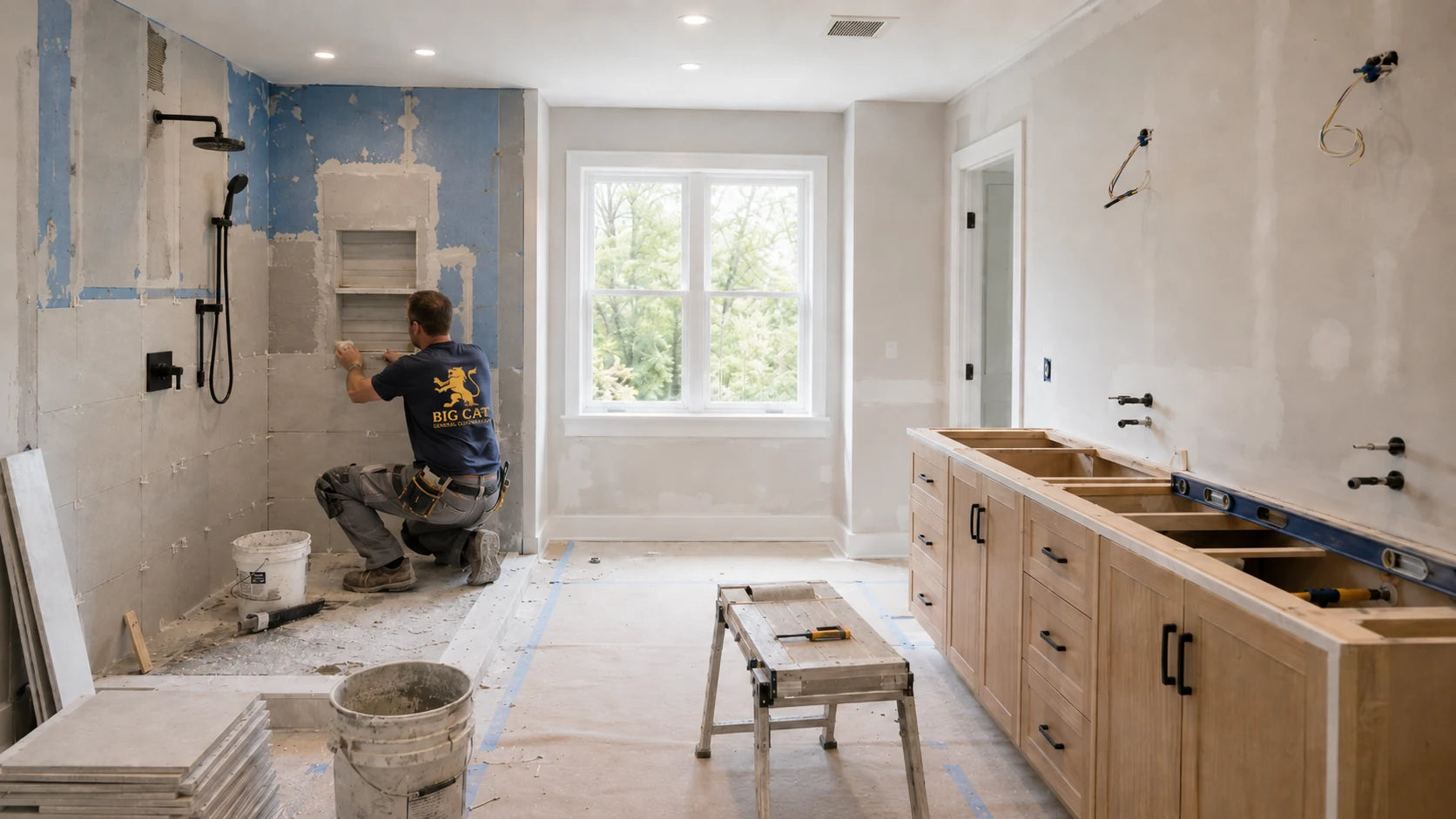 Big Cat contractor installing bathroom shower tile during a remodel