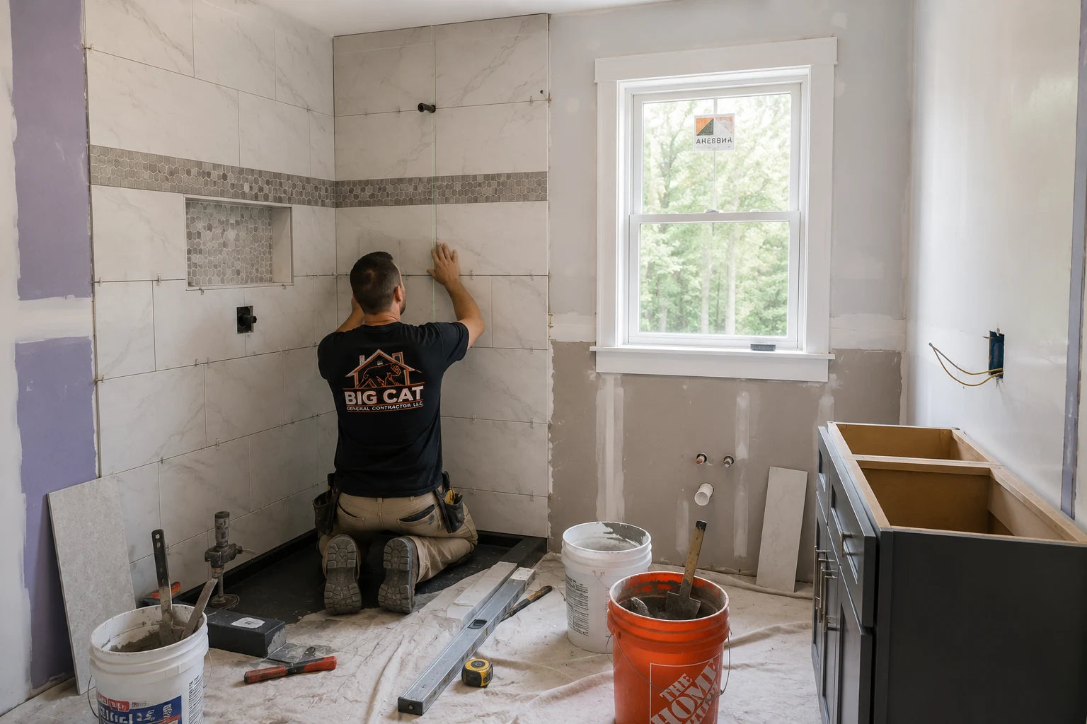 Contractor installing large-format bathroom shower tile during renovation