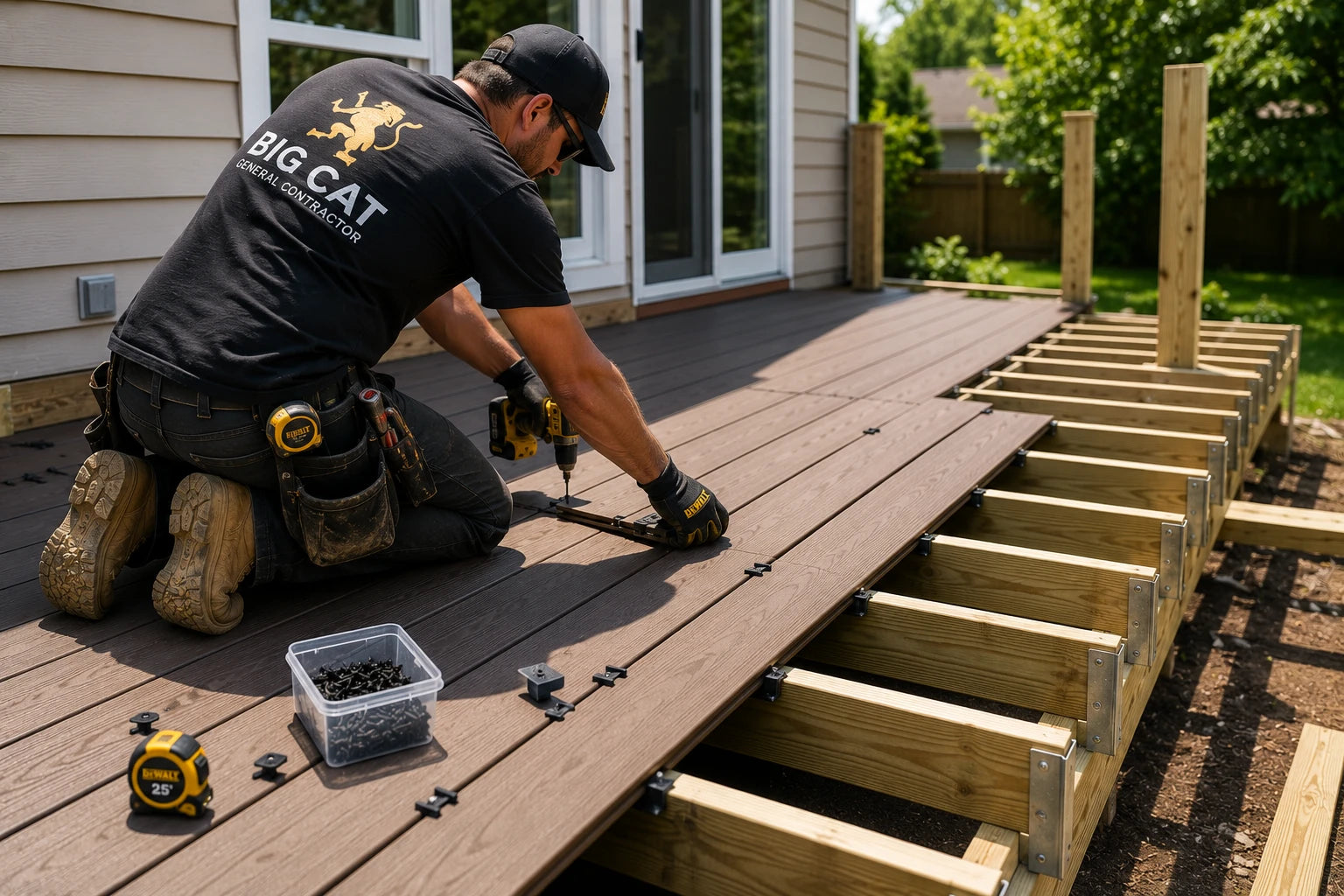 Composite deck board installation in progress