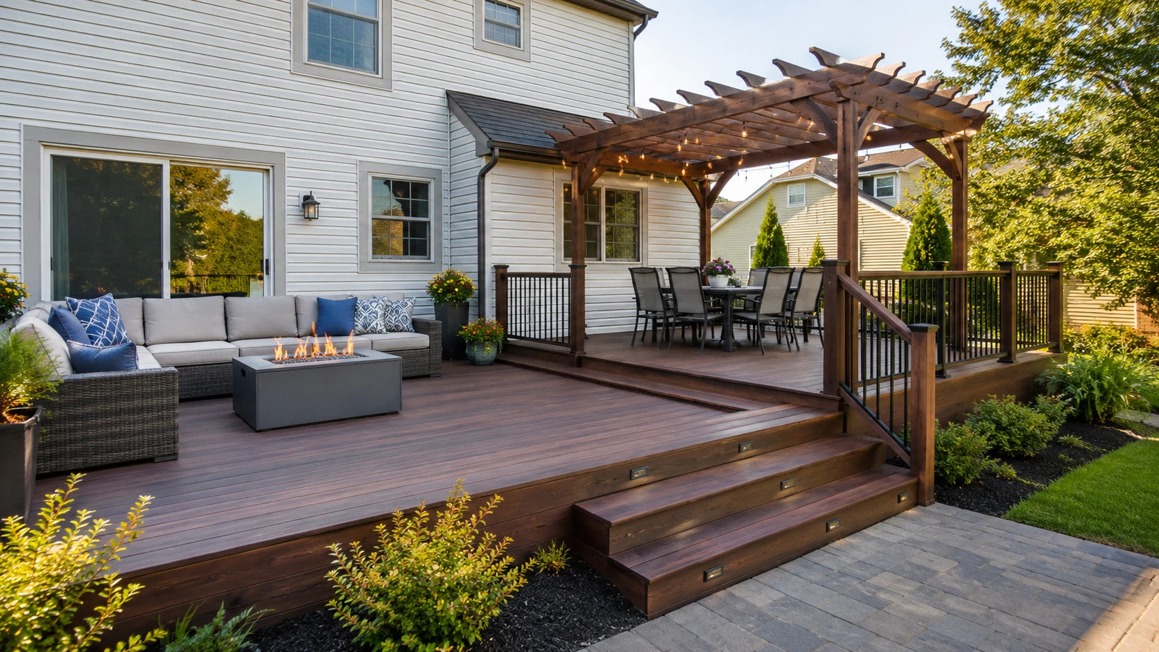 Finished backyard deck with pergola, dining, seating, and stairs