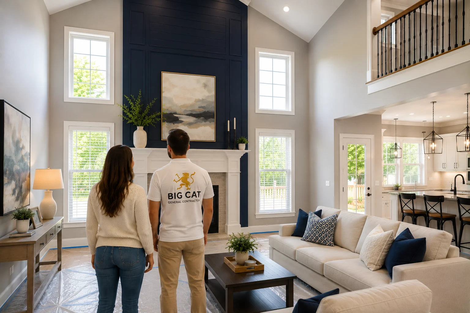 Homeowner and Big Cat painting professional reviewing a completed upscale interior