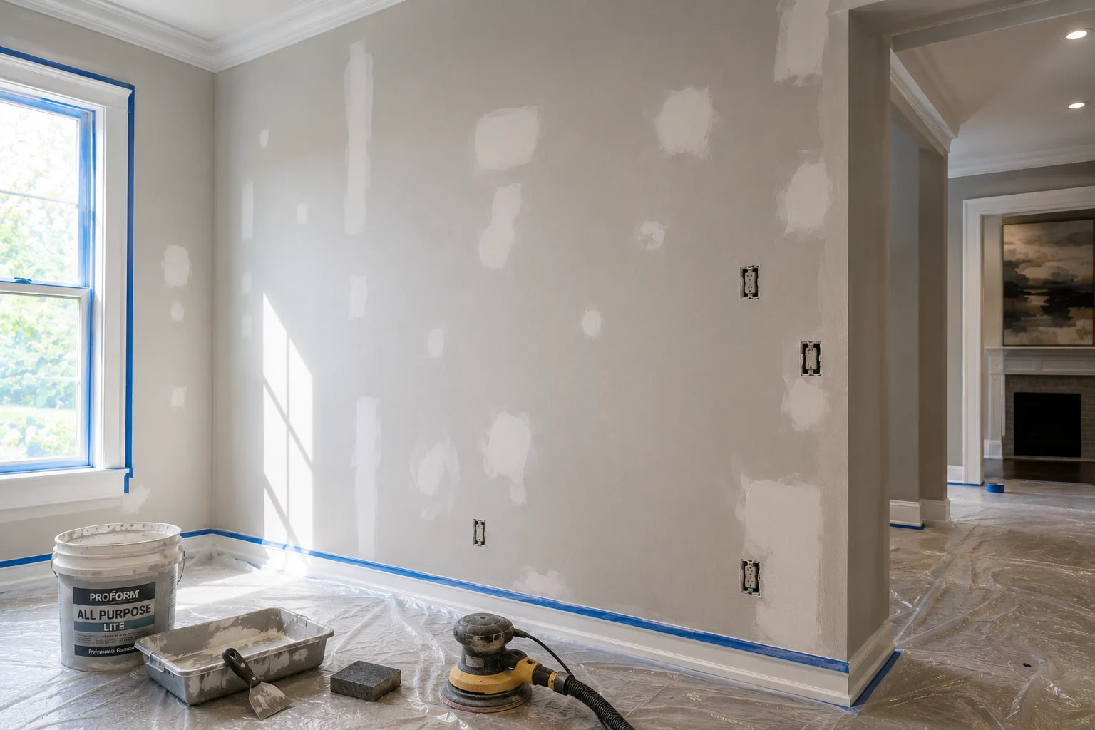 Interior wall preparation with repaired patches, sanding tools, and protected flooring
