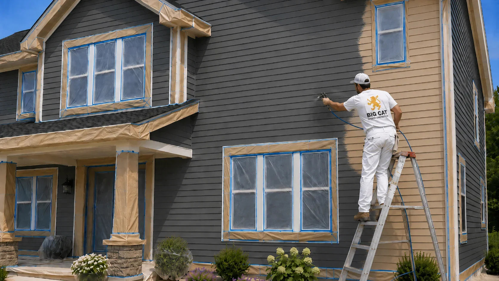 Big Cat employee professionally spray painting prepared residential siding