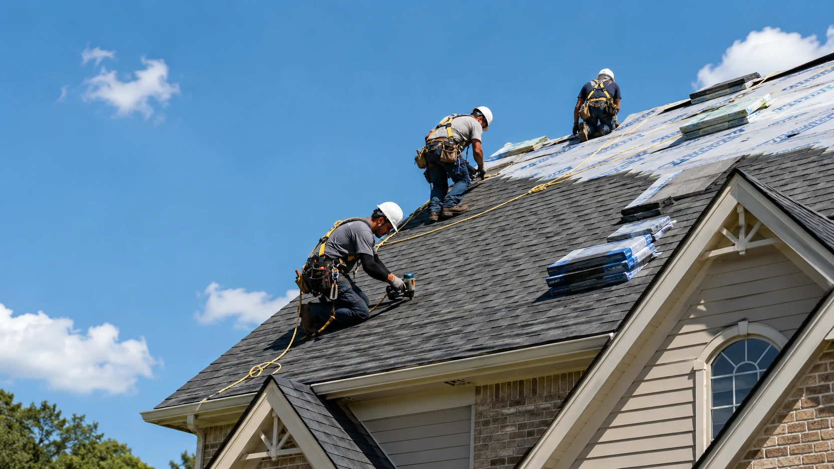 Residential asphalt shingle roof installation by a professional roofing crew