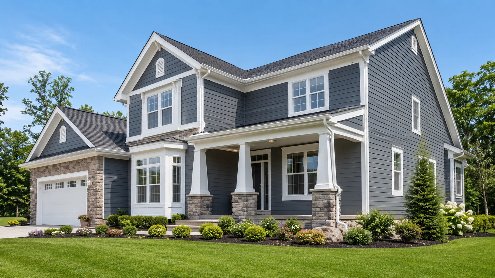 Finished dark gray siding and stone exterior renovation