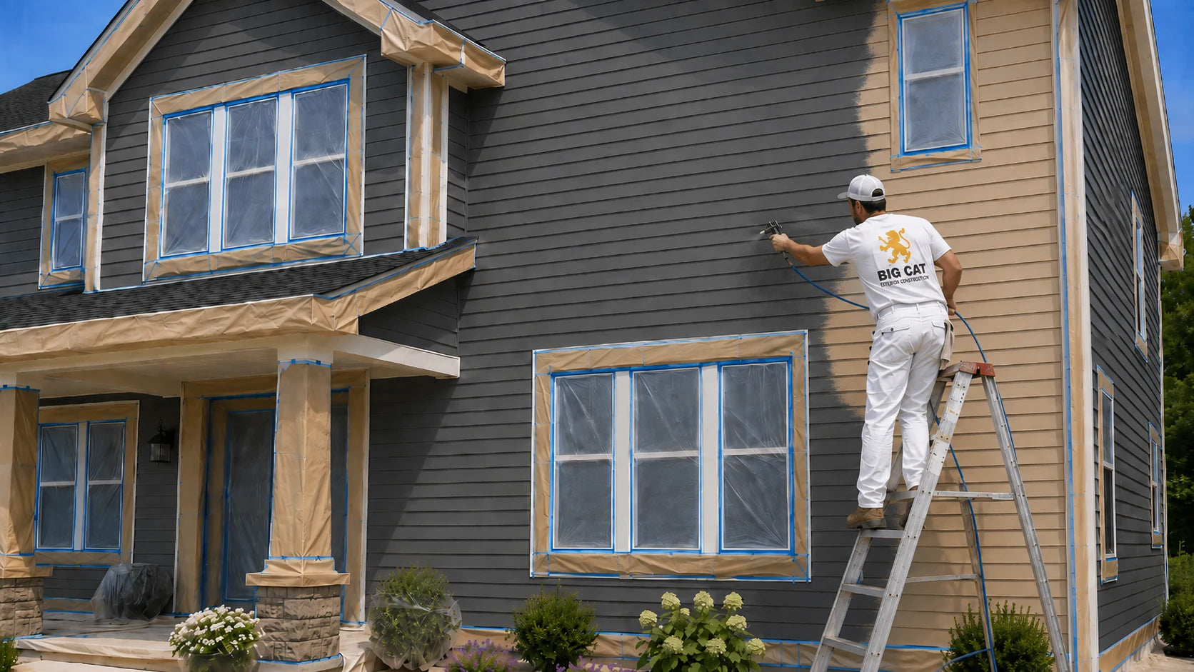 Painter spraying dark gray exterior siding with windows and trim fully masked